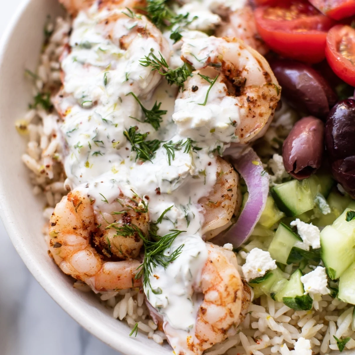 Juicy Greek Shrimp Mediterranean Bowl loaded with fresh veggies and creamy tzatziki sauce