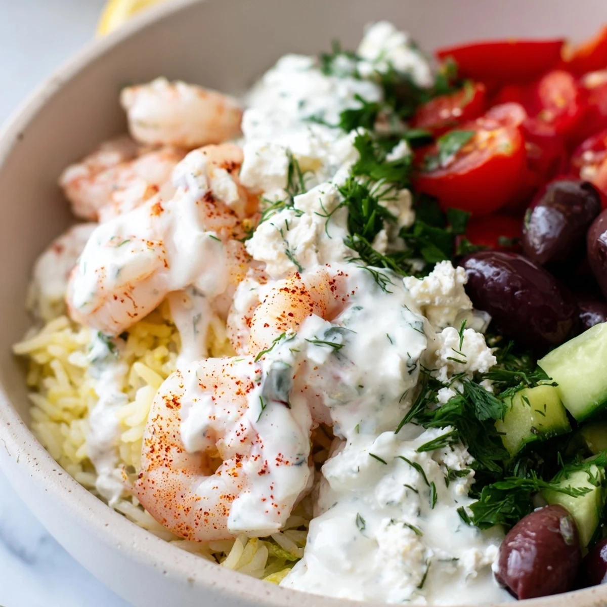 Golden pan-seared shrimp atop a colorful Greek Shrimp Mediterranean Bowl with lemony rice