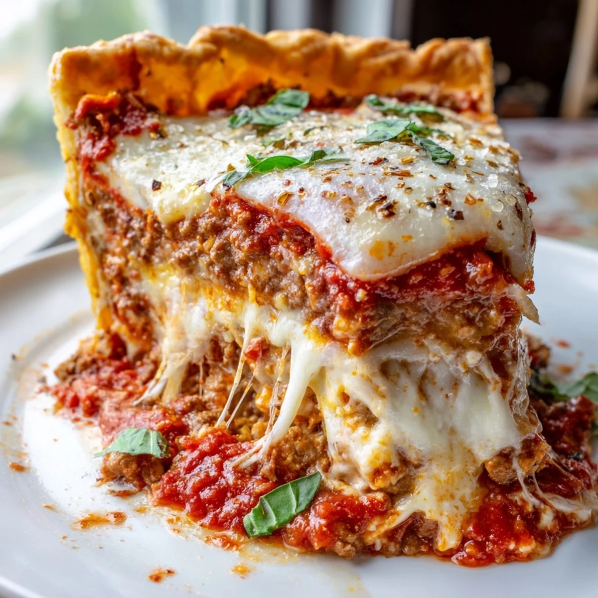 Golden bubbling cheesy lasagna pie sliced to reveal gooey layers of ricotta and meat sauce