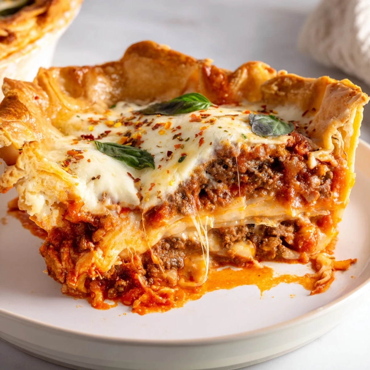 Cheesy lasagna pie in a flaky crust topped with melted mozzarella and fresh basil