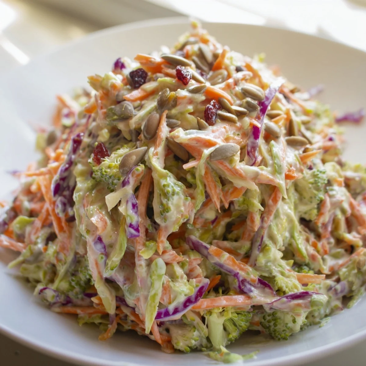 Creamy broccoli slaw tossed with cranberries and sunflower seeds in a tangy dressing
