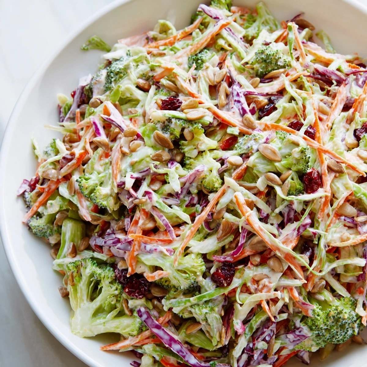 Crisp broccoli slaw with shredded carrots and red onion in a creamy mustard dressing