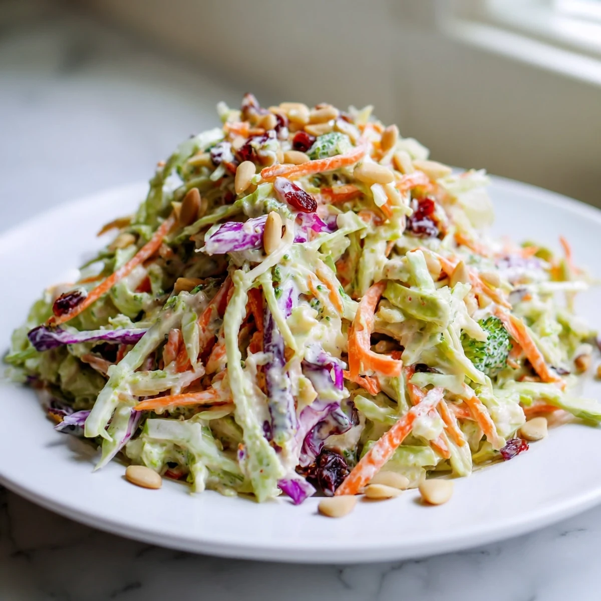Colorful broccoli slaw served in a bowl with crunchy almonds and sweet dried cranberries