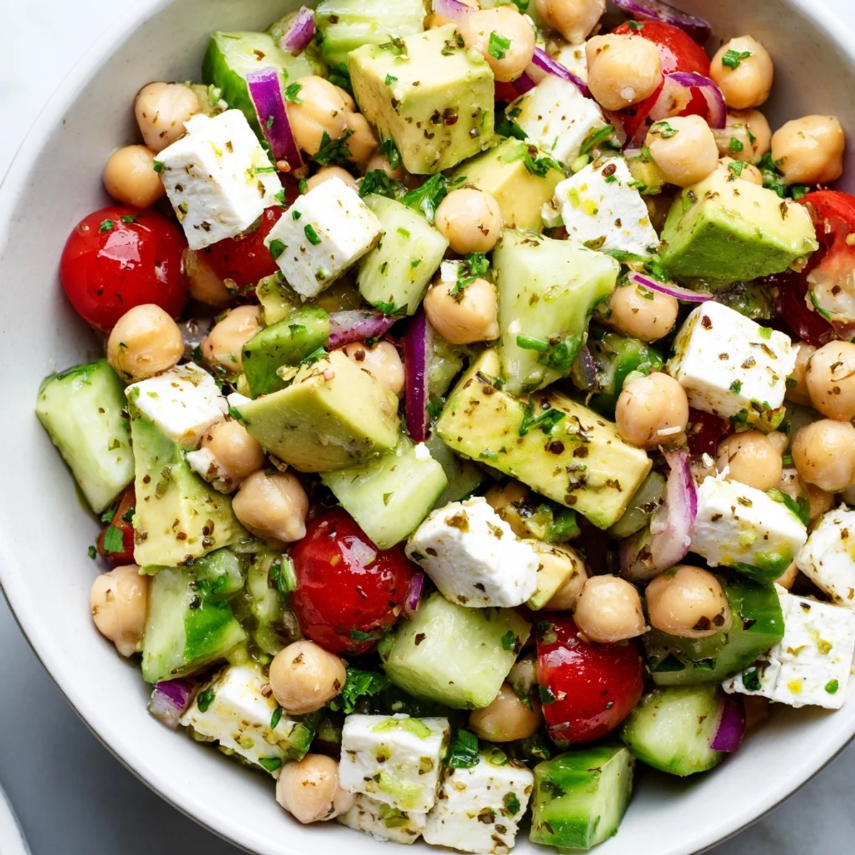 Creamy chickpea feta avocado salad in a rustic bowl with bright cherry tomatoes