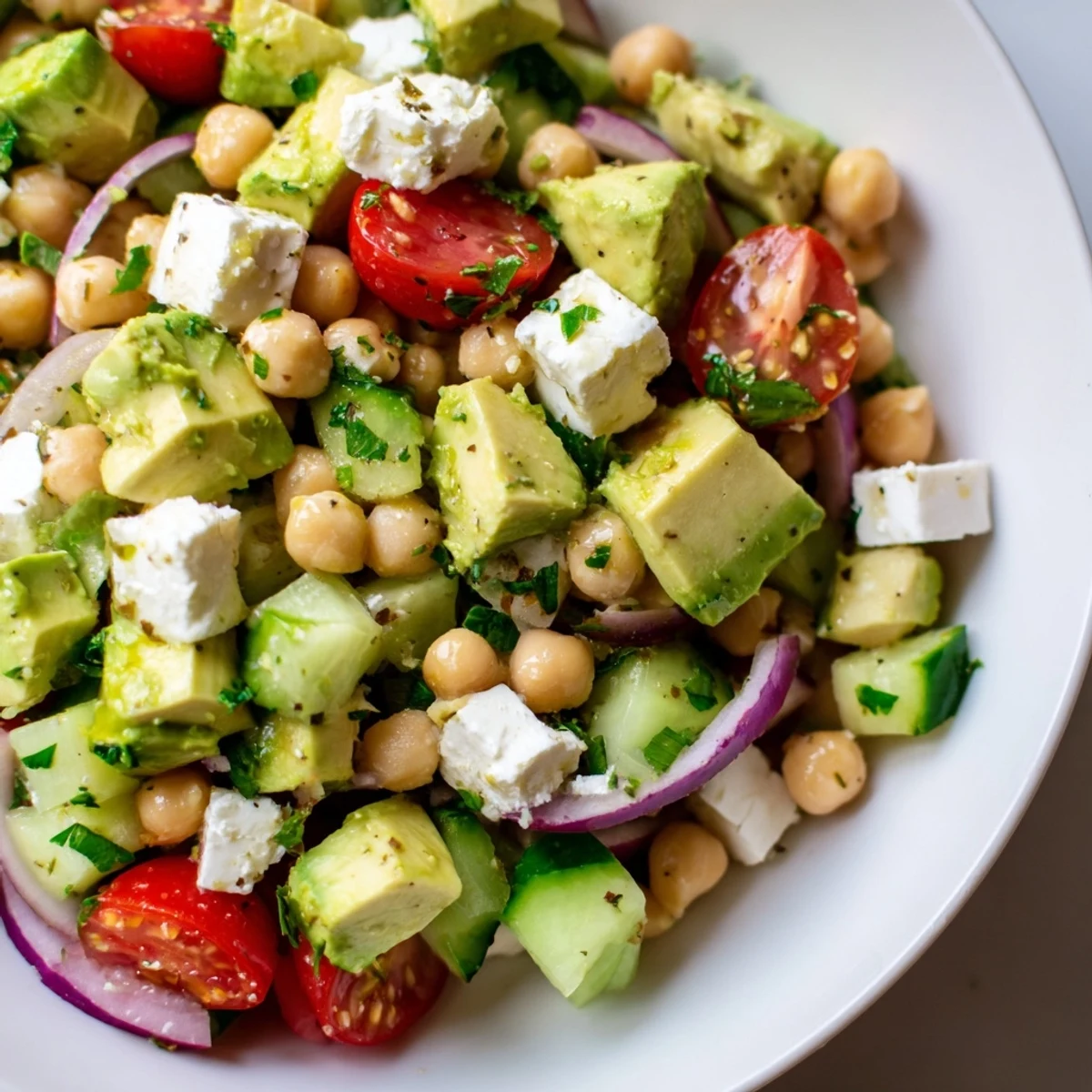 Crumbed feta and diced avocado nestled among hearty chickpeas in a fresh Mediterranean salad