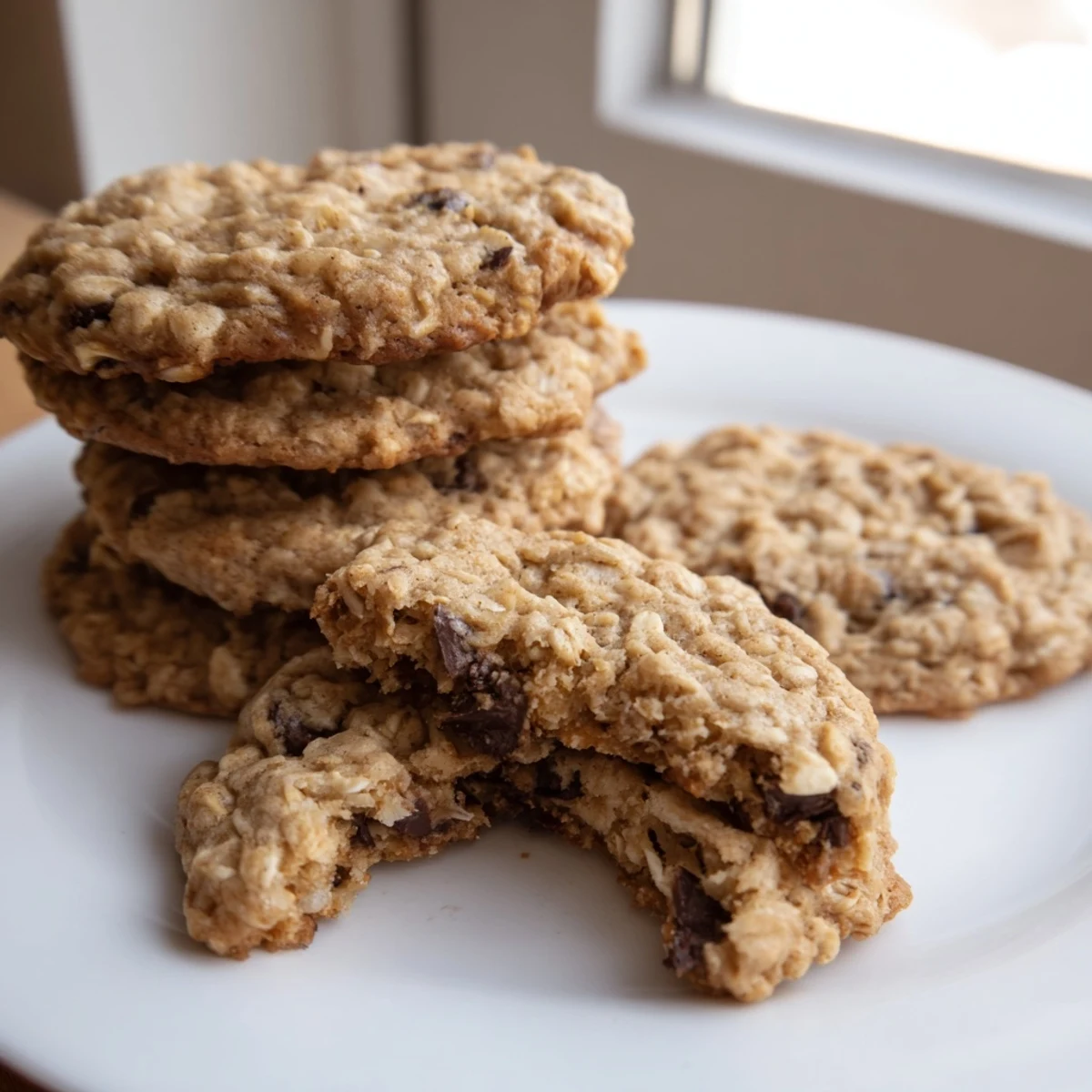 Soft chewy banana oatmeal cookies studded with chocolate chips on parchment