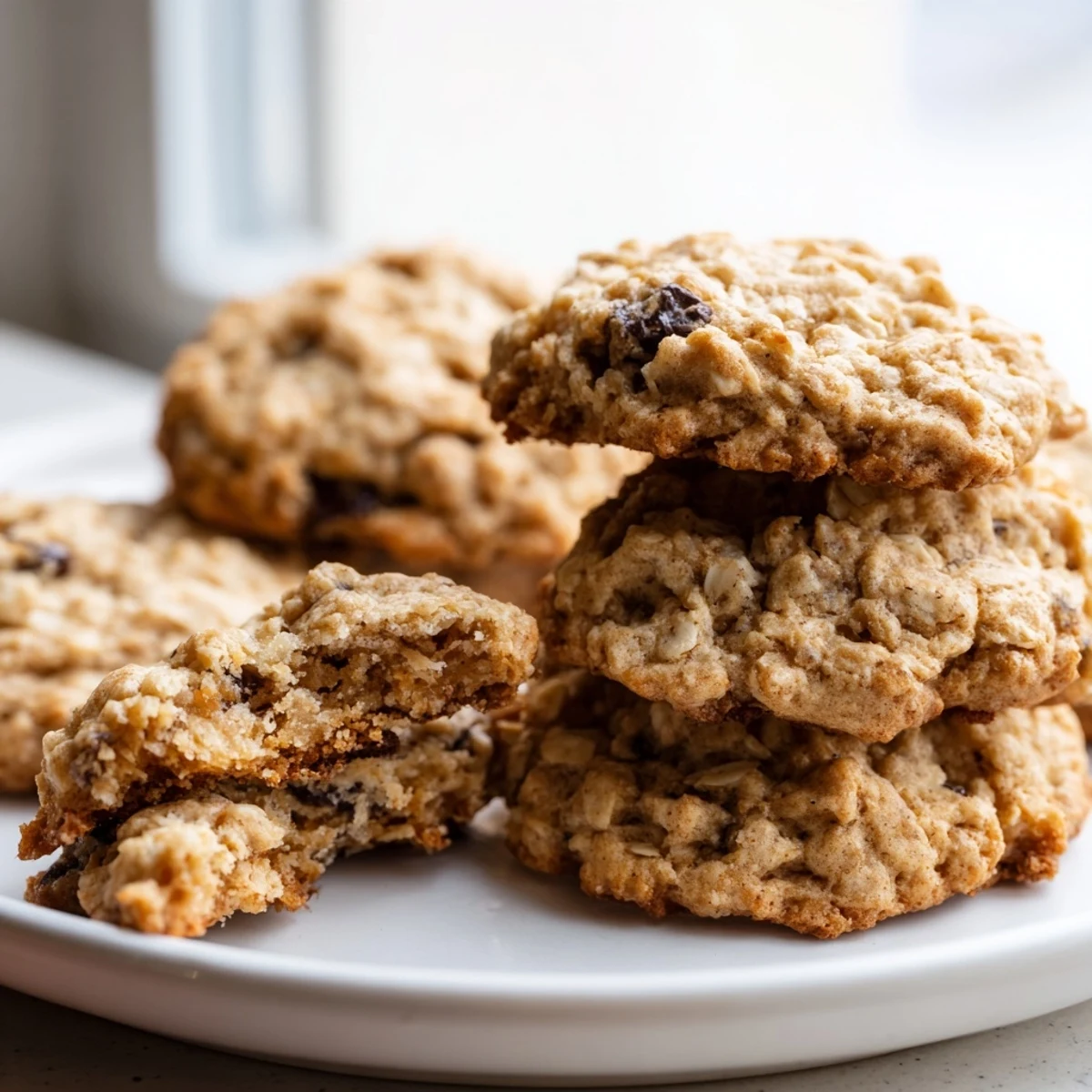 Rustic chewy banana oatmeal cookies stacked on a plate for wholesome snacking