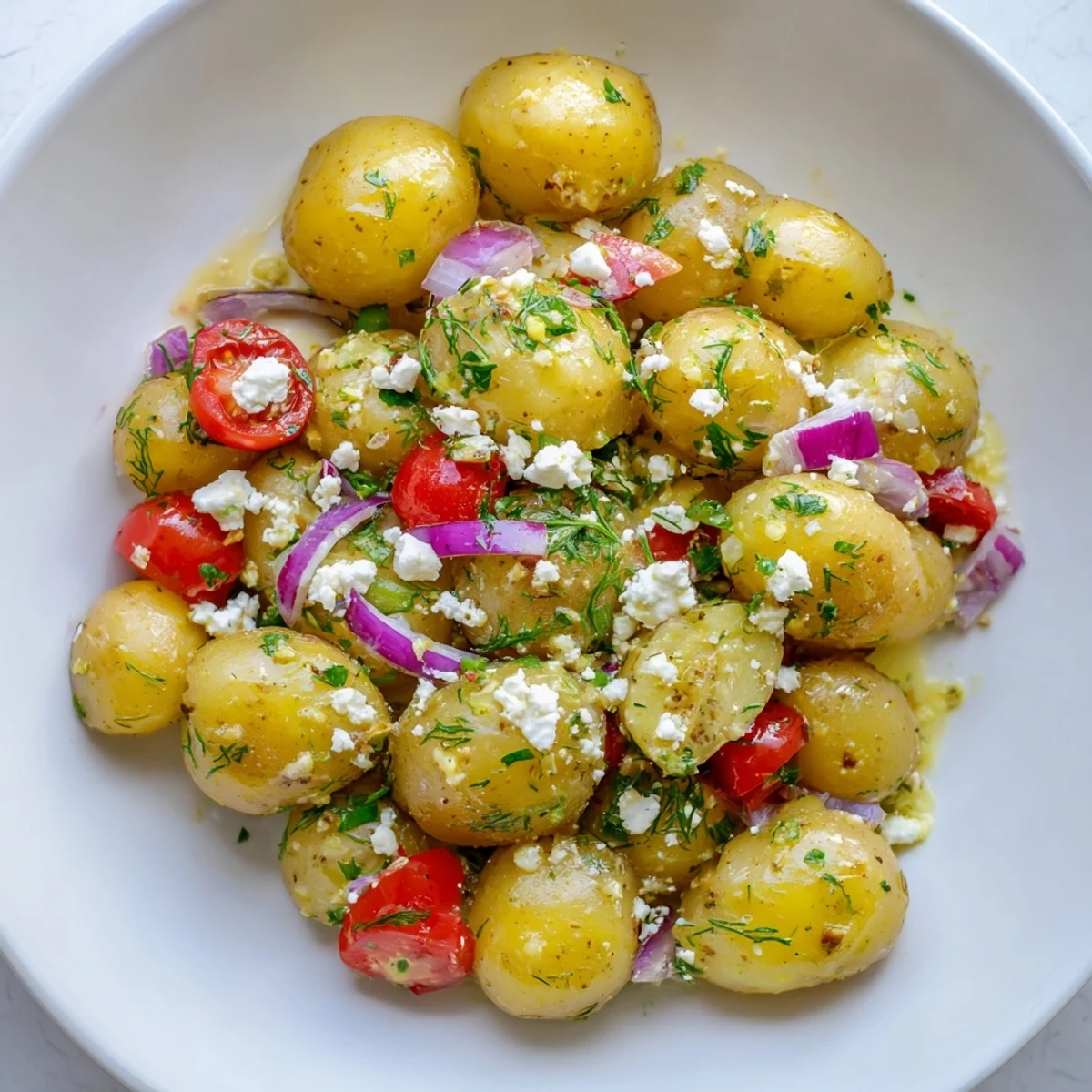 Creamy potato and feta salad tossed with fresh herbs and juicy tomatoes