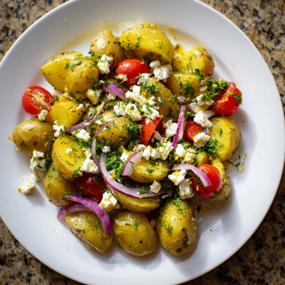 Warm potato and feta salad drizzled with tangy lemon herb dressing