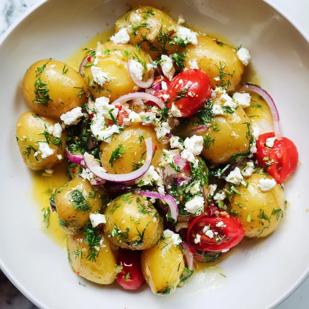 Golden baby potatoes with crumbled feta, red onion, and bright Mediterranean flavors