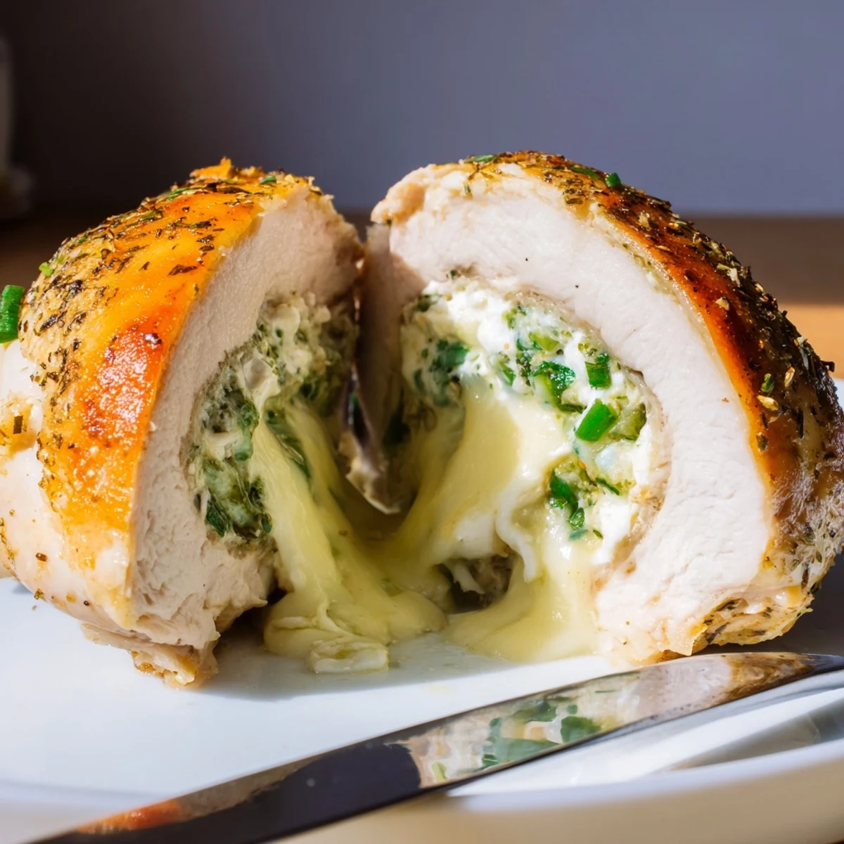 Golden goat cheese chicken stuffed with herbs, fresh from the oven on a rustic plate