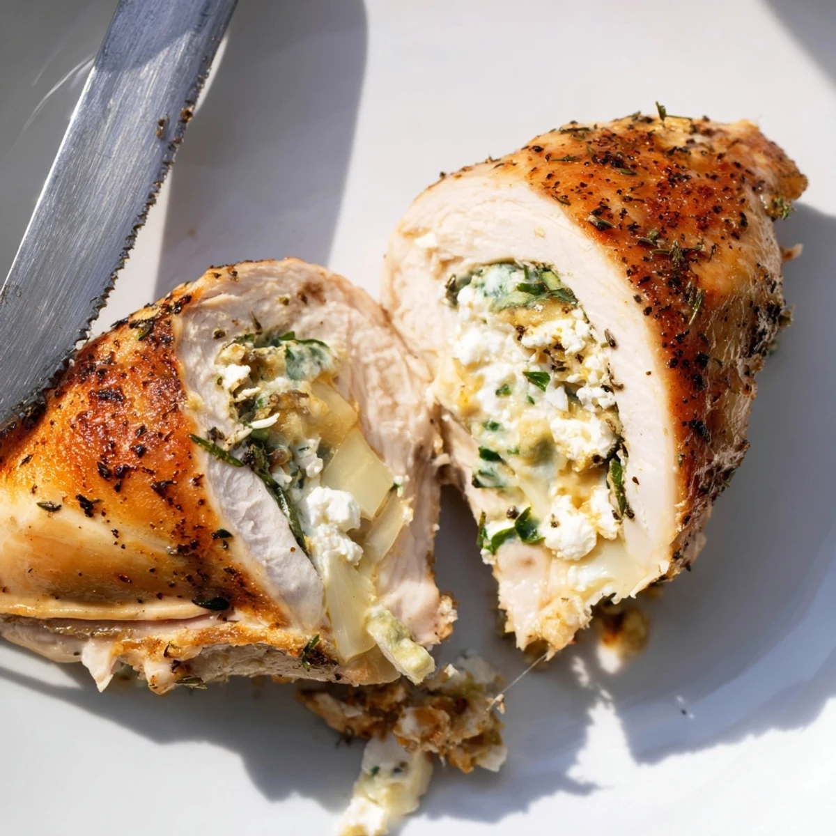 Creamy goat cheese oozing from a perfectly seared chicken breast garnished with fresh basil