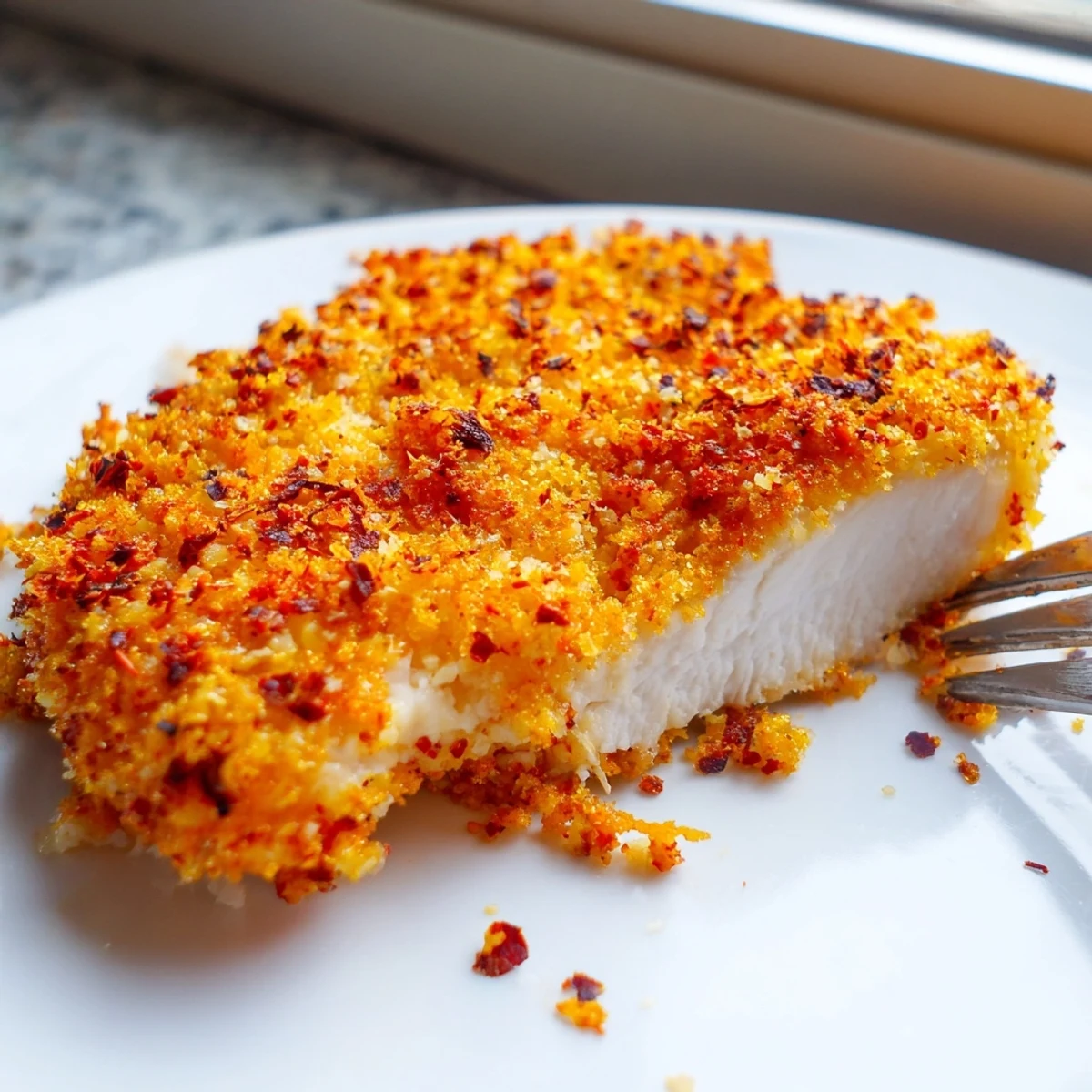 Golden crispy Paprika Parmesan Chicken fresh from the oven on a rustic plate