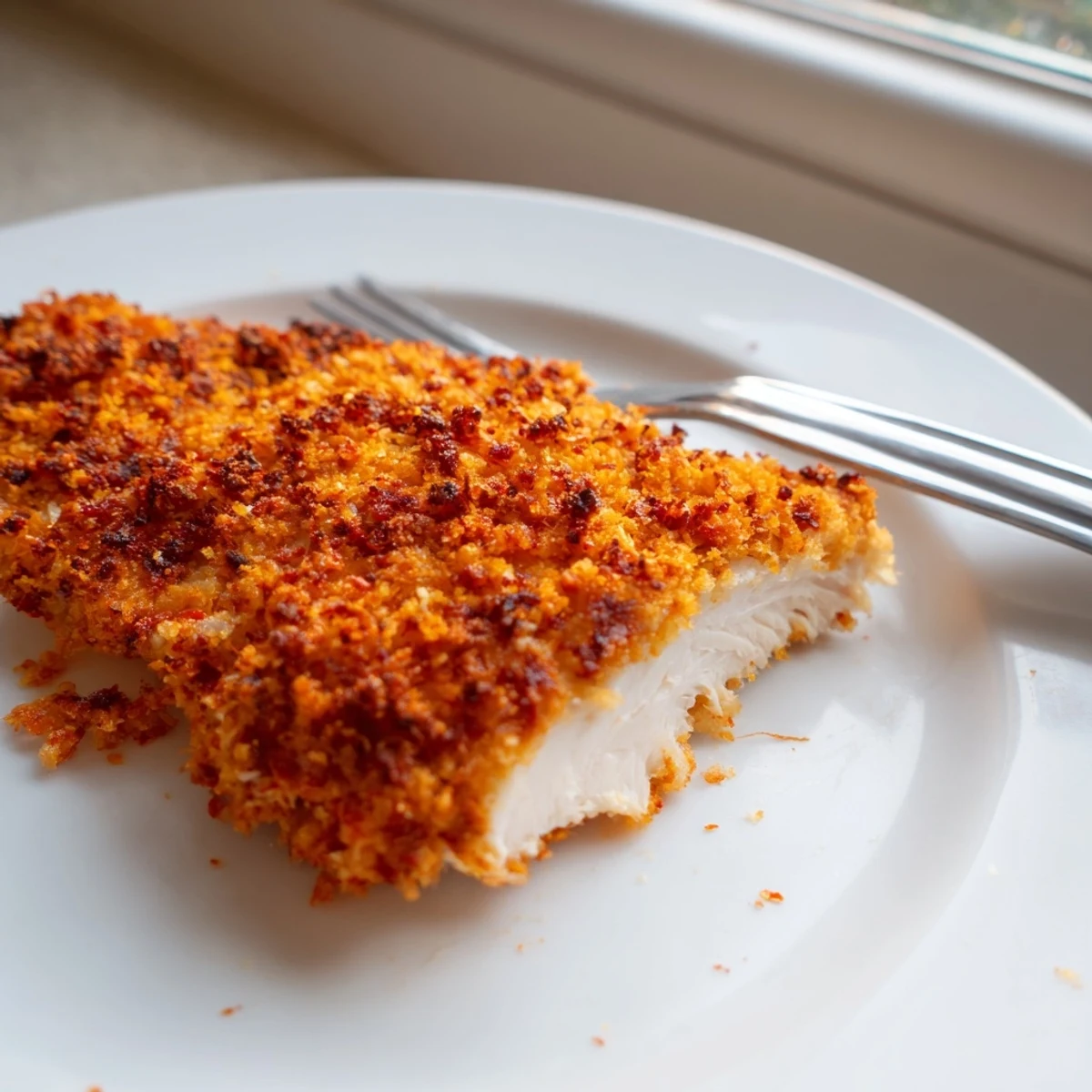 Juicy Paprika Parmesan Chicken sliced open revealing tender meat with a crunchy seasoned crust