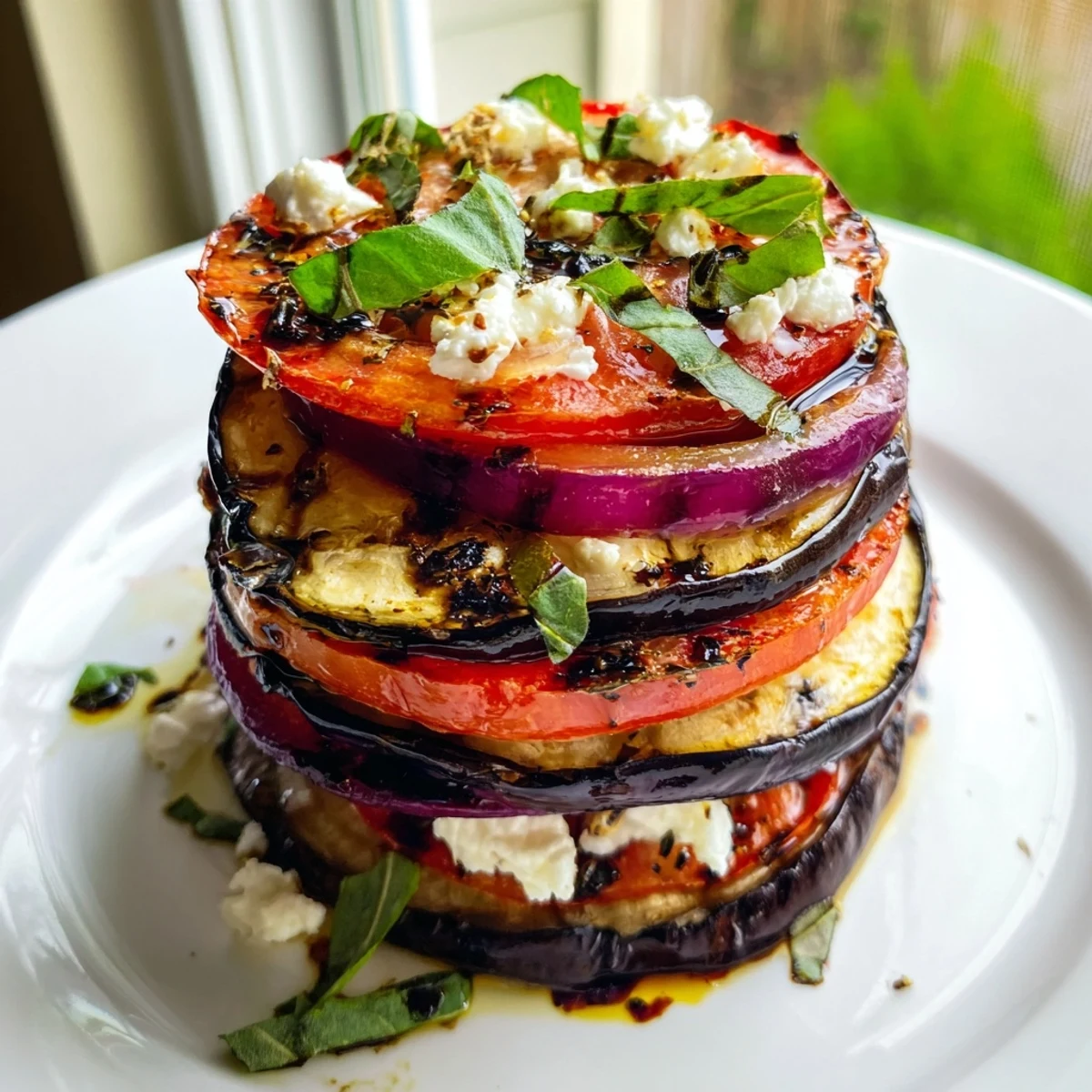 Charred grilled tomato eggplant glistening with balsamic marinade on a rustic summer serving plate
