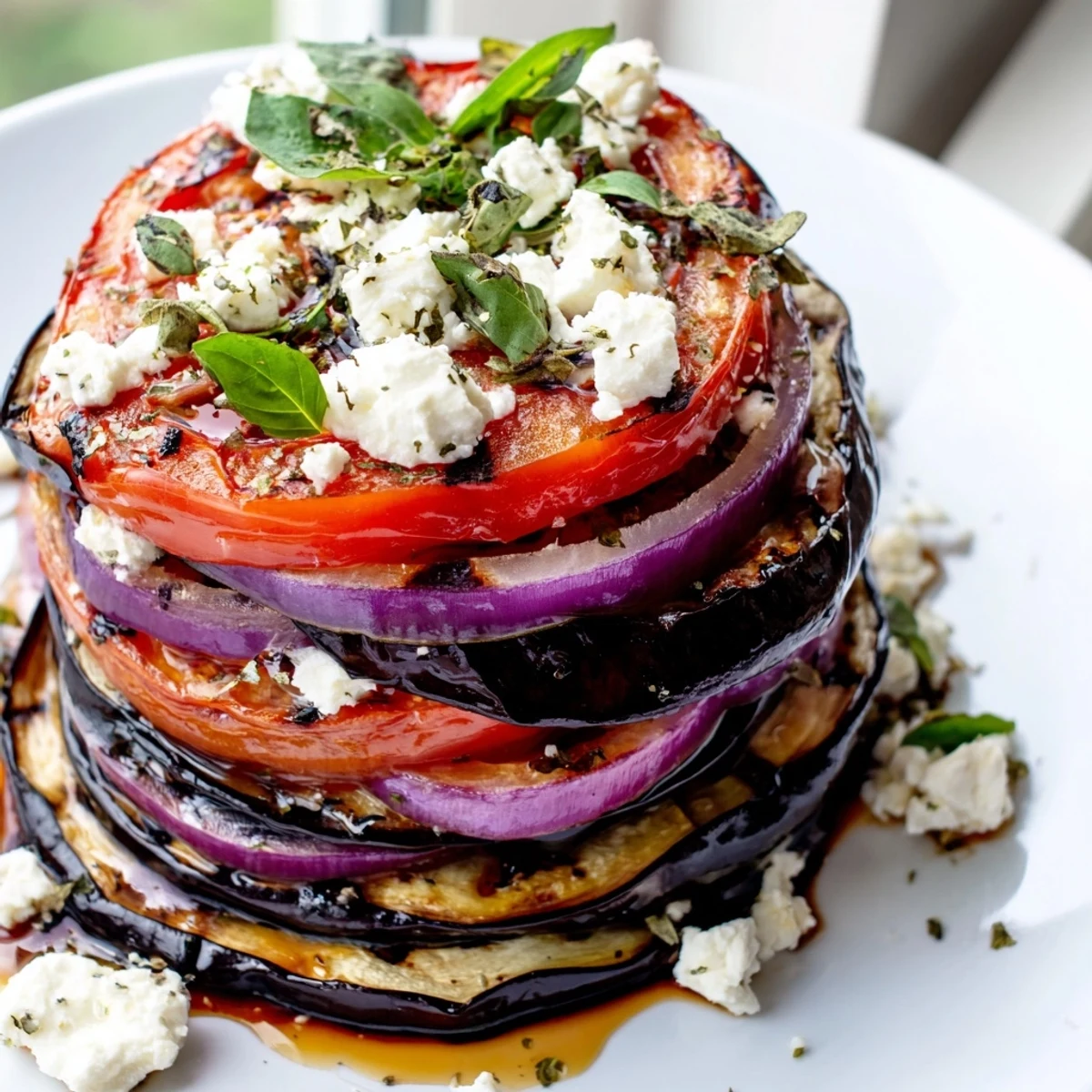Golden grill-marked grilled tomato eggplant layered with ripe tomatoes and fragrant herbs