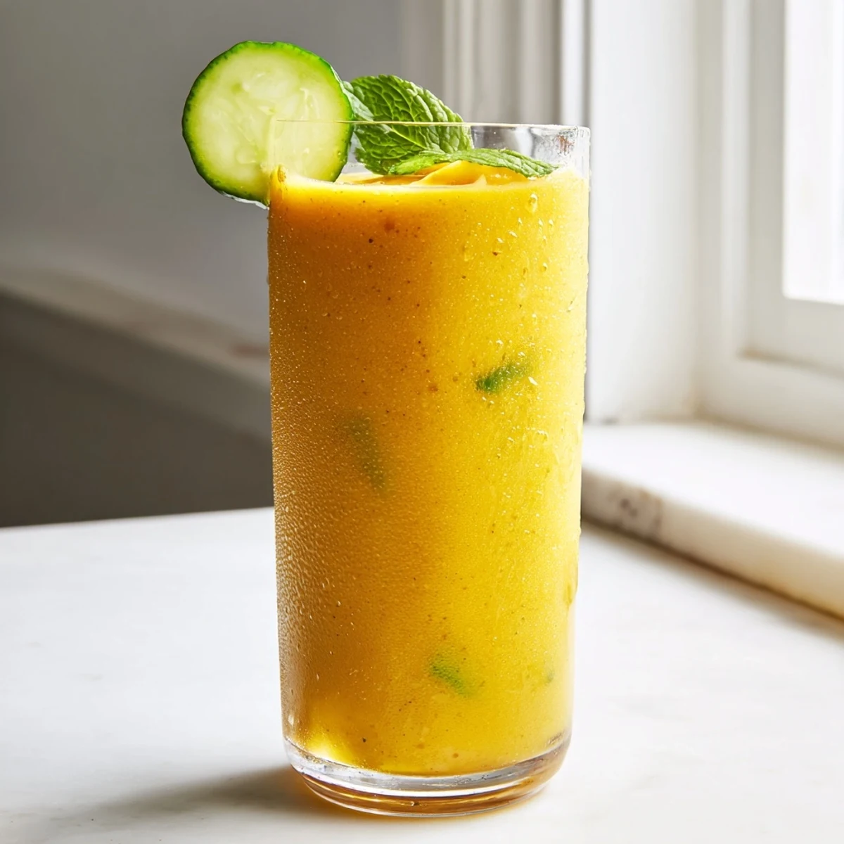Tall glass of mango cucumber smoothie garnished with fresh mint and lime