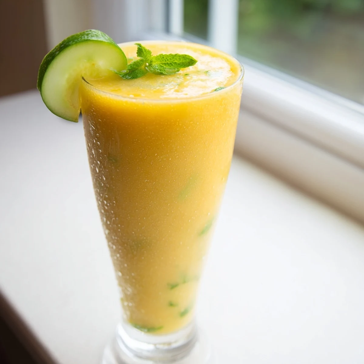 Creamy mango cucumber smoothie topped with diced mango chunks and served with a striped straw