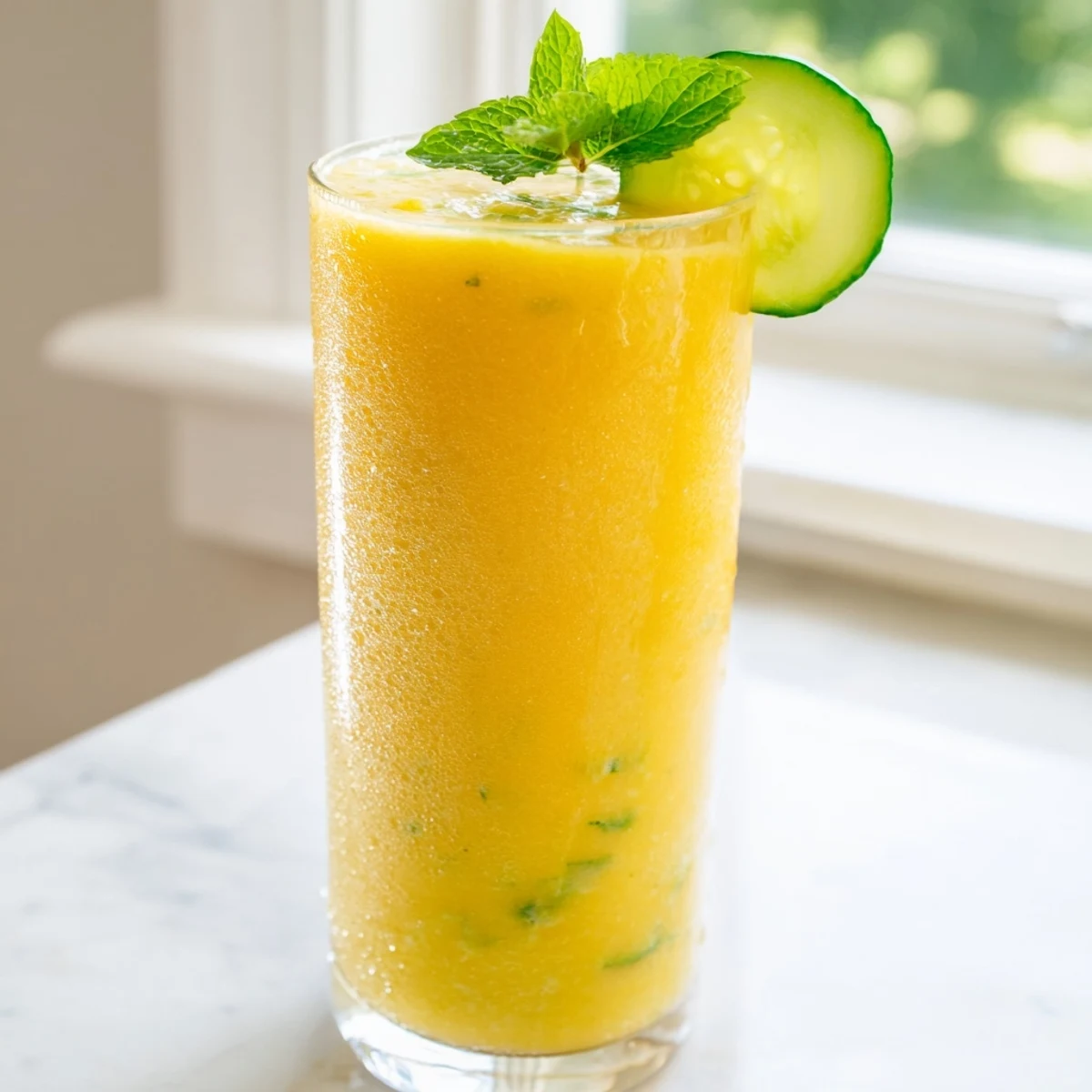 Bright yellow mango cucumber smoothie poured into a mason jar with cucumber slices on a wooden board