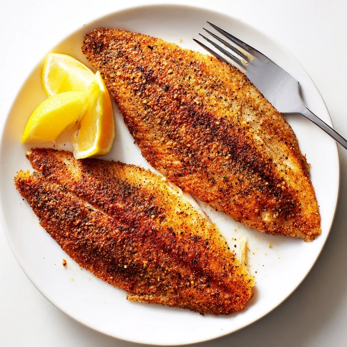 Golden pan fried tilapia fillets with a crispy seasoned crust and fresh lemon wedges