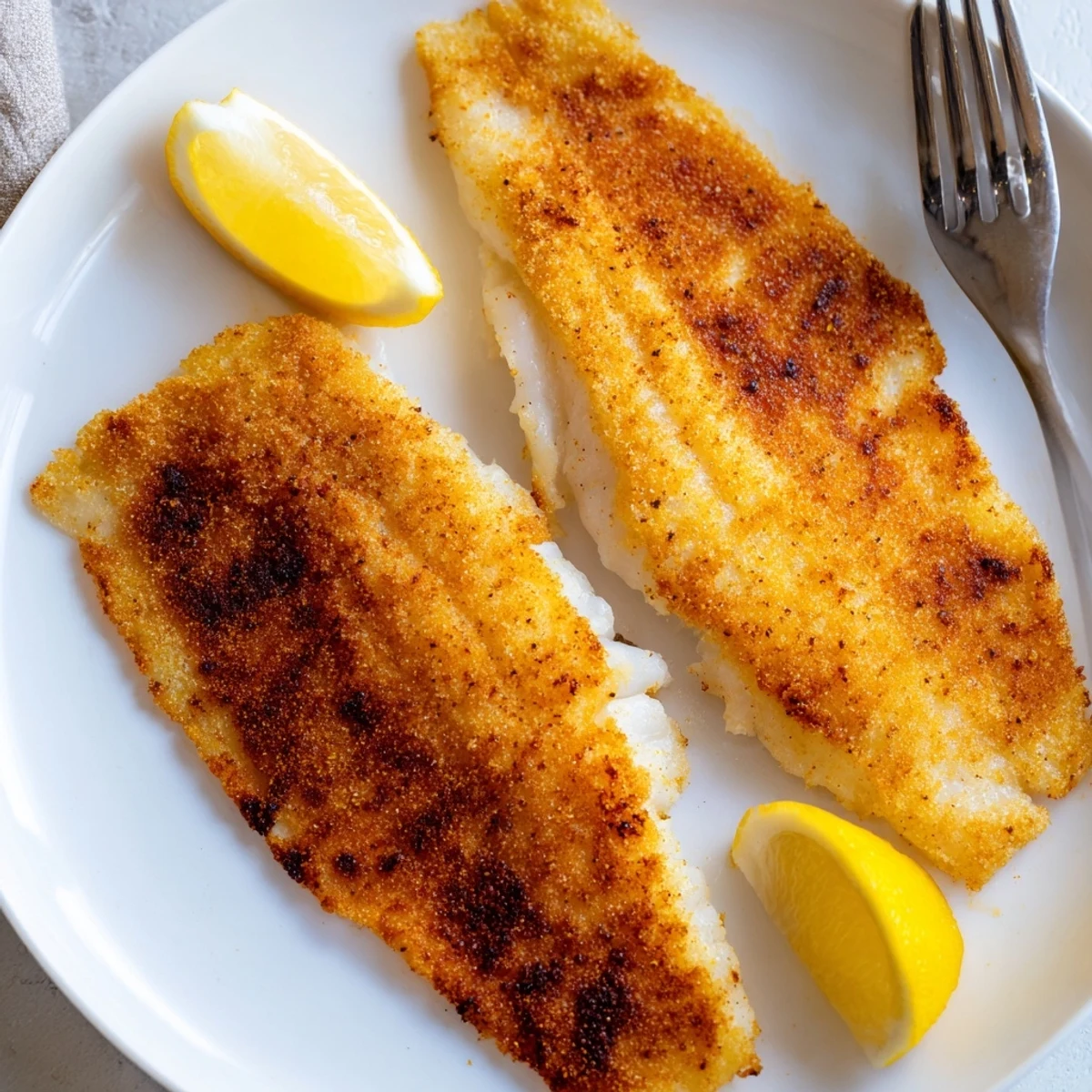 Perfectly pan fried tilapia on a white plate with steamed vegetables and butter