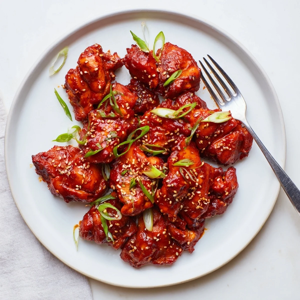 Glossy gochujang chicken sizzling in a skillet with caramelized edges and sesame seeds