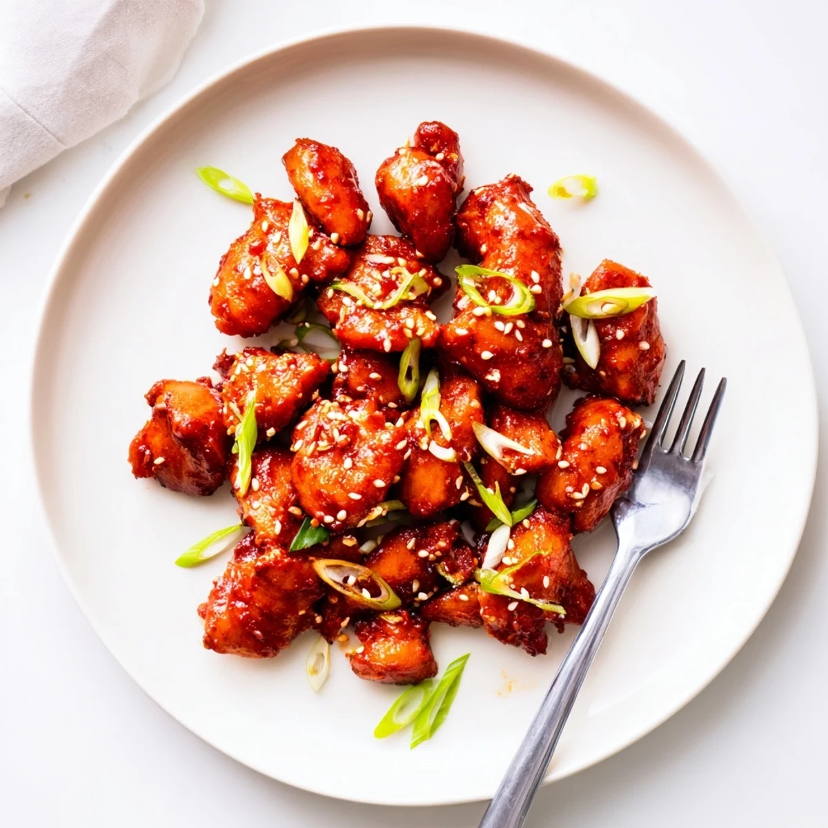 Crispy gochujang chicken glazed in spicy-sweet red sauce on a bed of steamed white rice