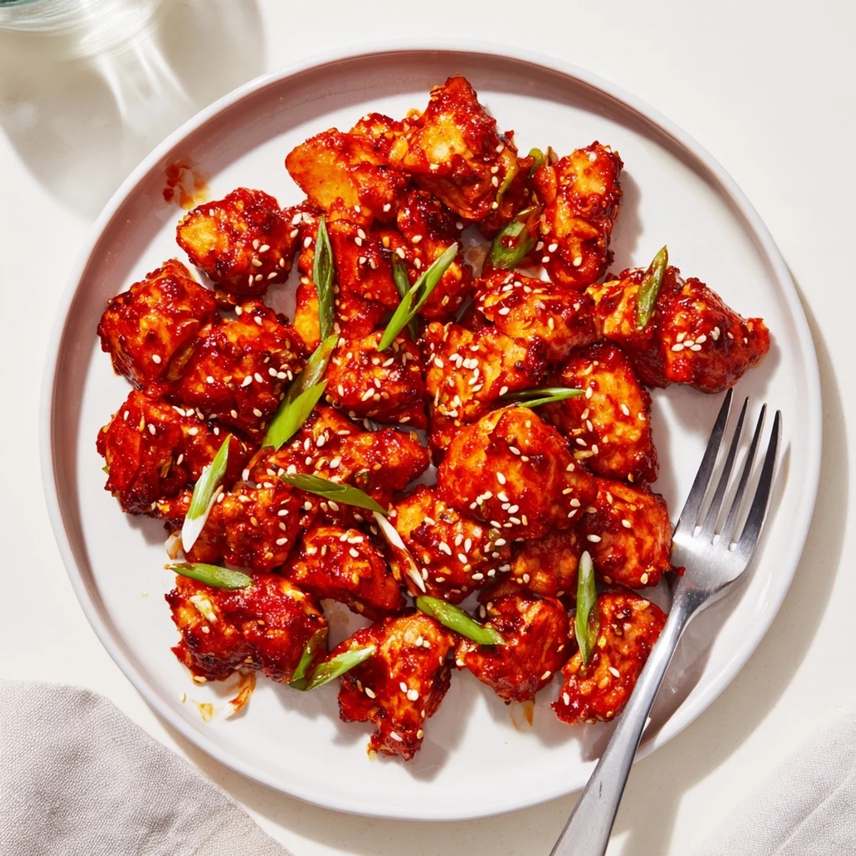 Juicy gochujang chicken pieces glistening with sticky marinade, topped with sliced green onions