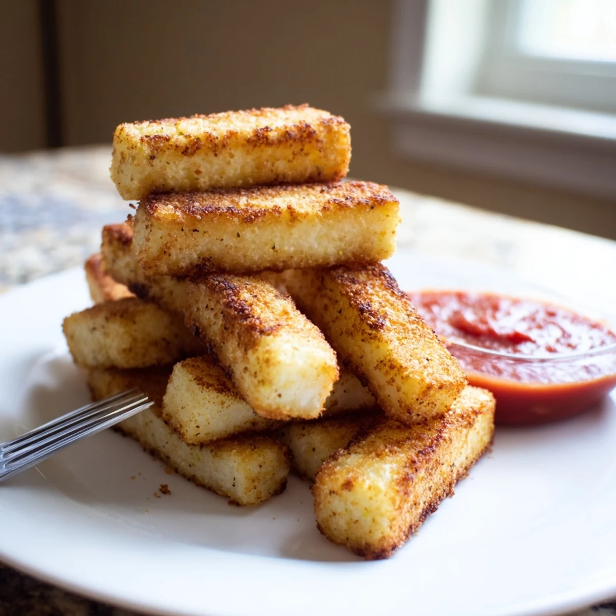 Golden baked cottage cheese fries arranged on parchment with a side of marinara dip