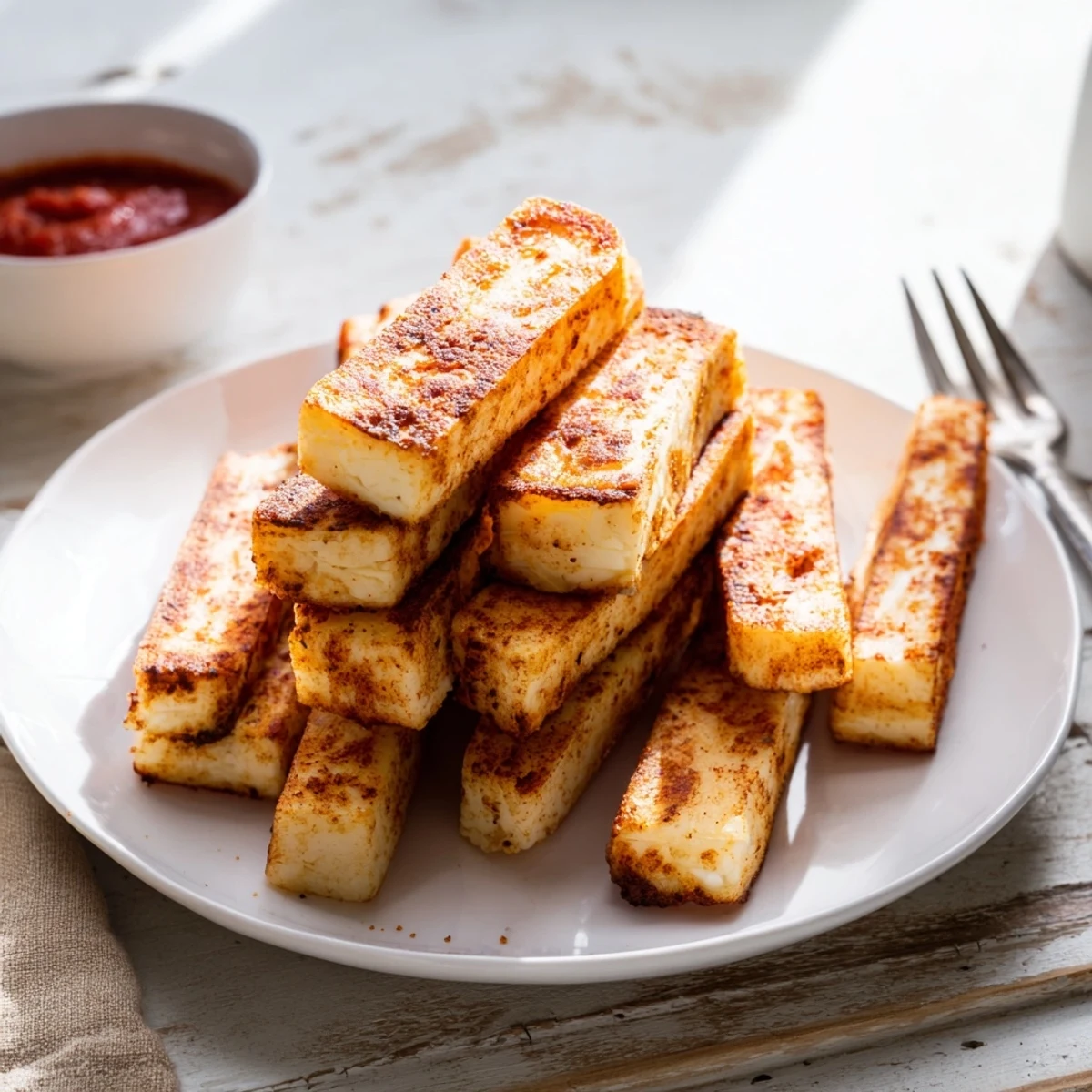 Crispy baked cottage cheese fries seasoned with smoked paprika served fresh from the oven