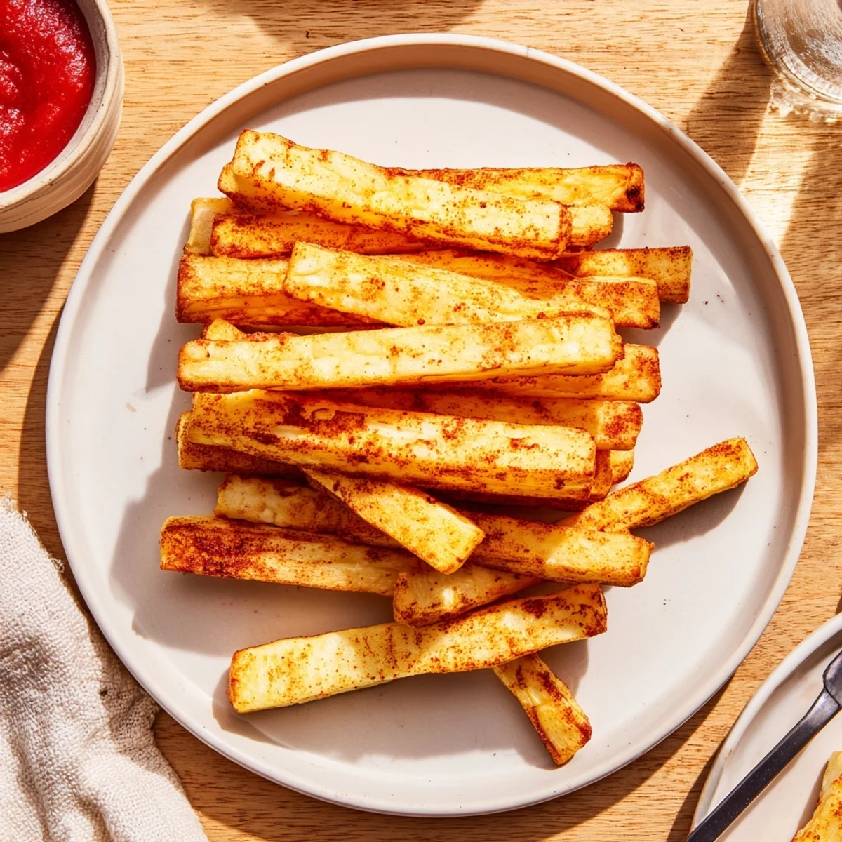 Creamy-centered baked cottage cheese fries stacked alongside a cool Greek yogurt dipping sauce