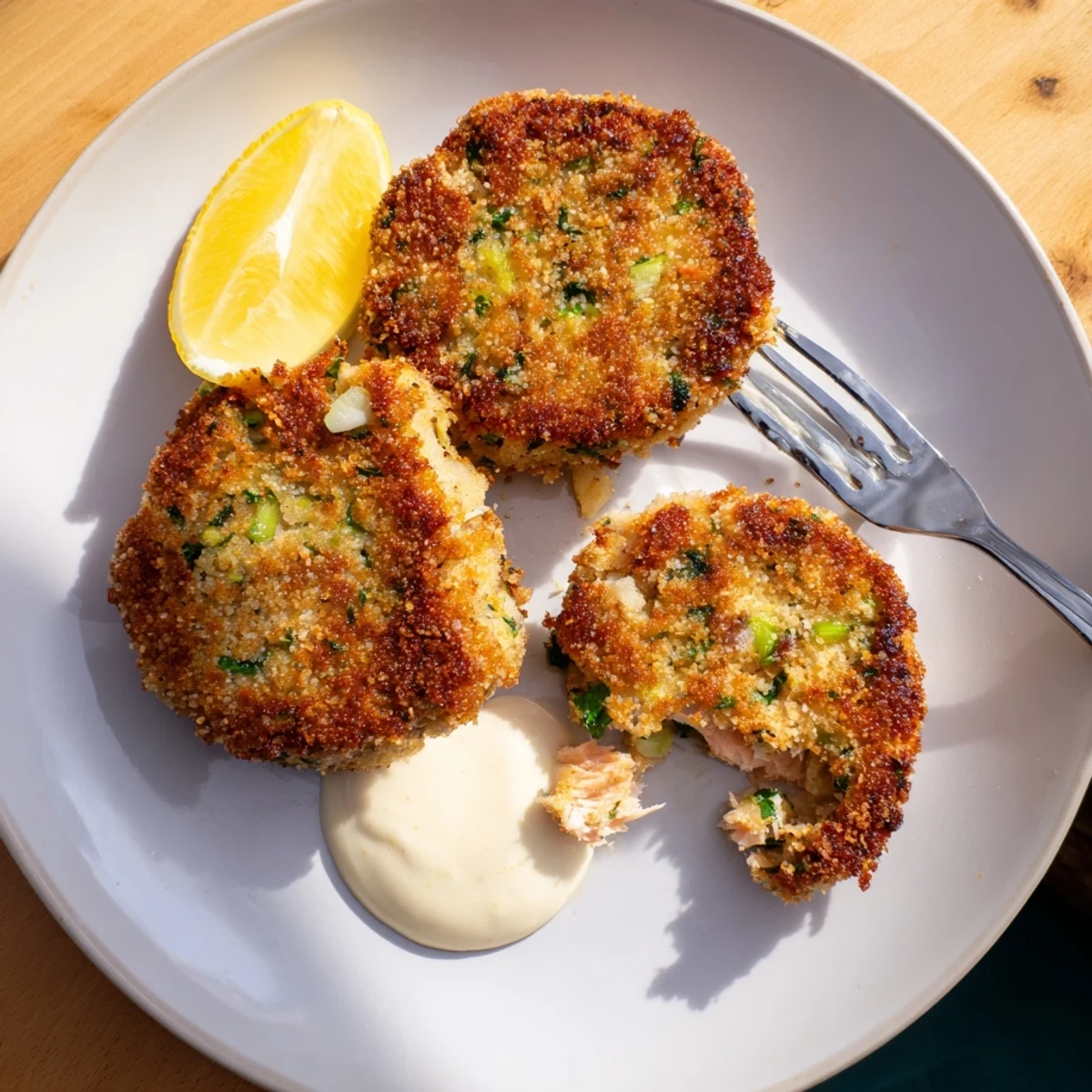 Golden lemon garlic Alaska salmon cakes with creamy aioli on a rustic plate