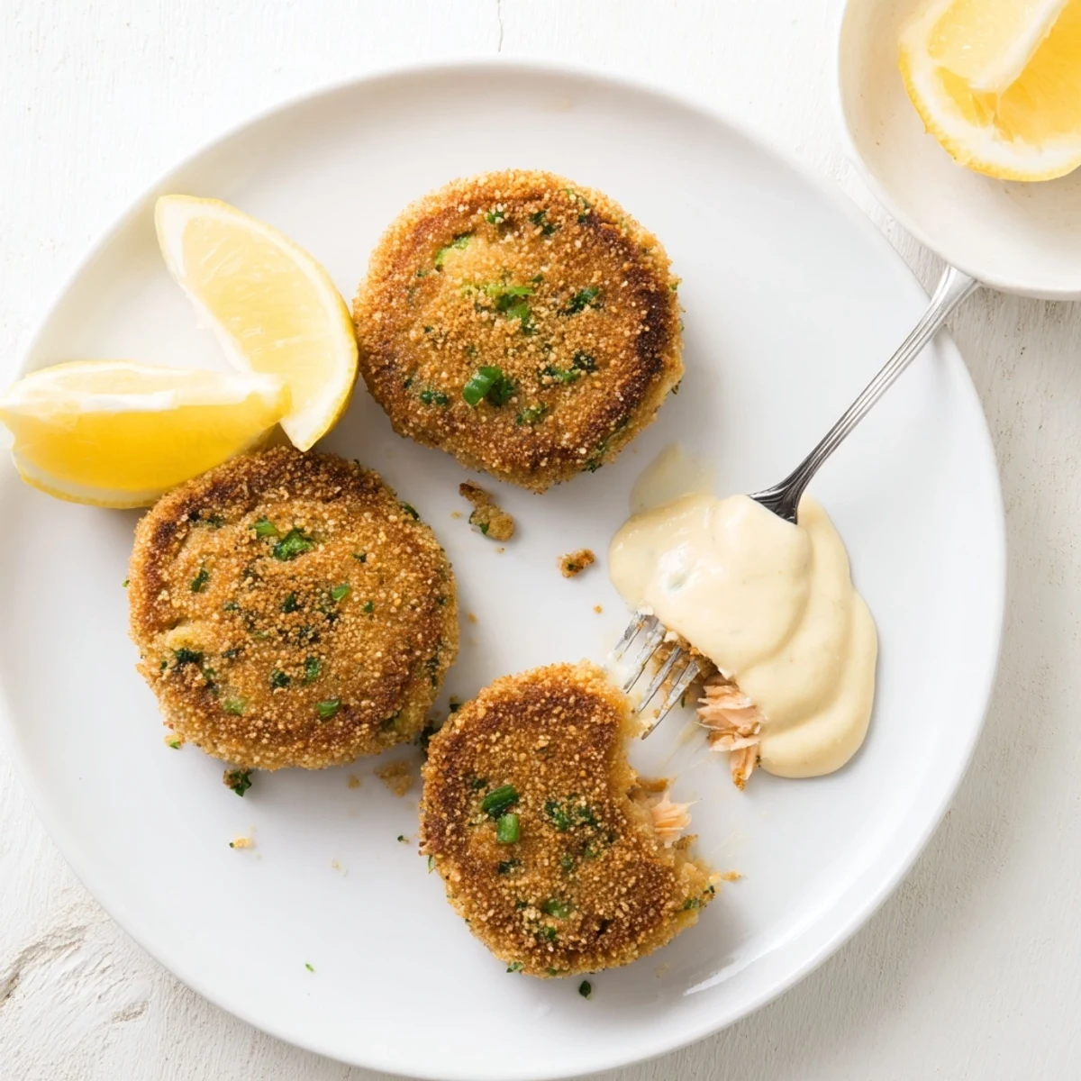Pan-fried lemon garlic Alaska salmon cakes served with zesty lemon dipping sauce