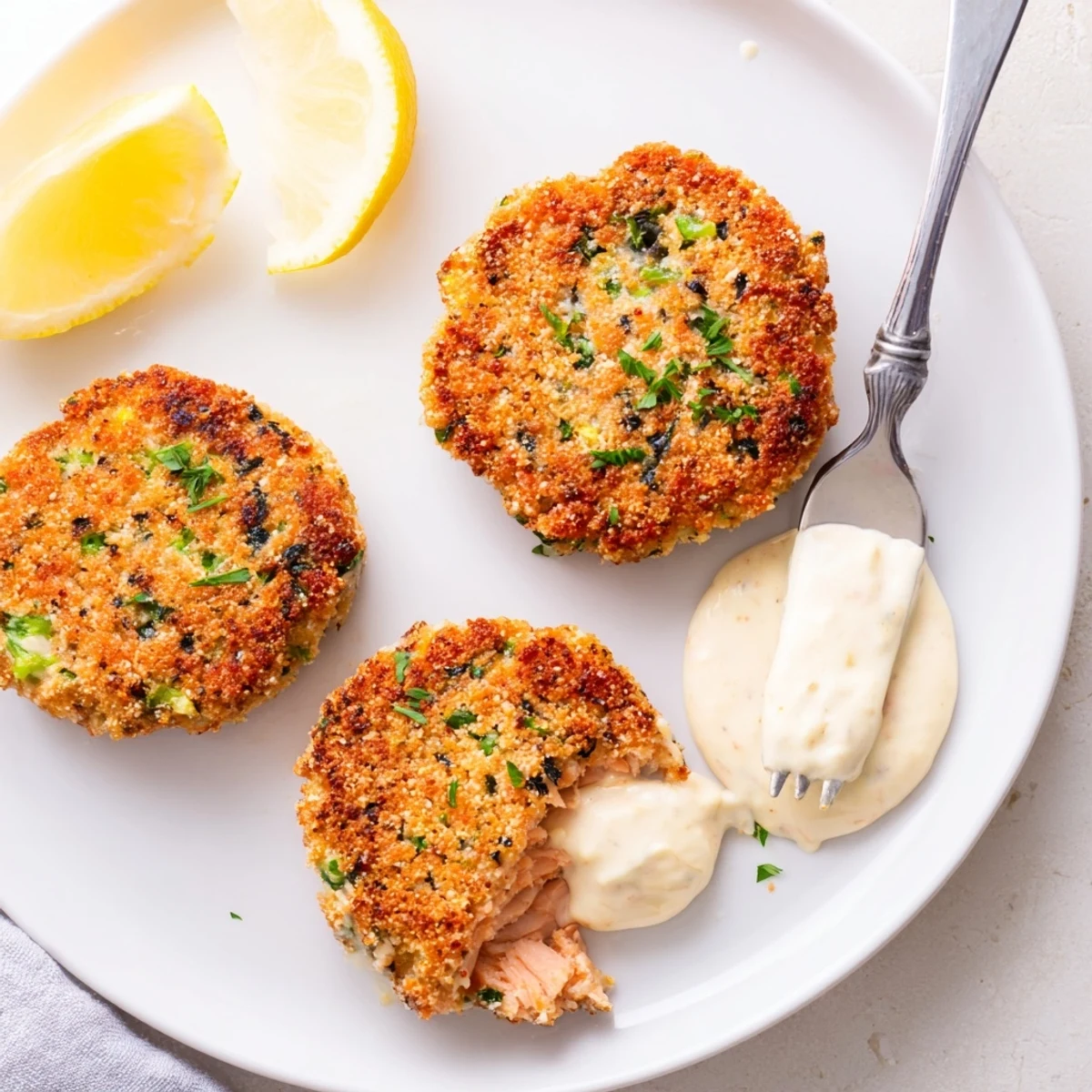 Crispy lemon garlic Alaska salmon cakes drizzled with tangy homemade garlic aioli