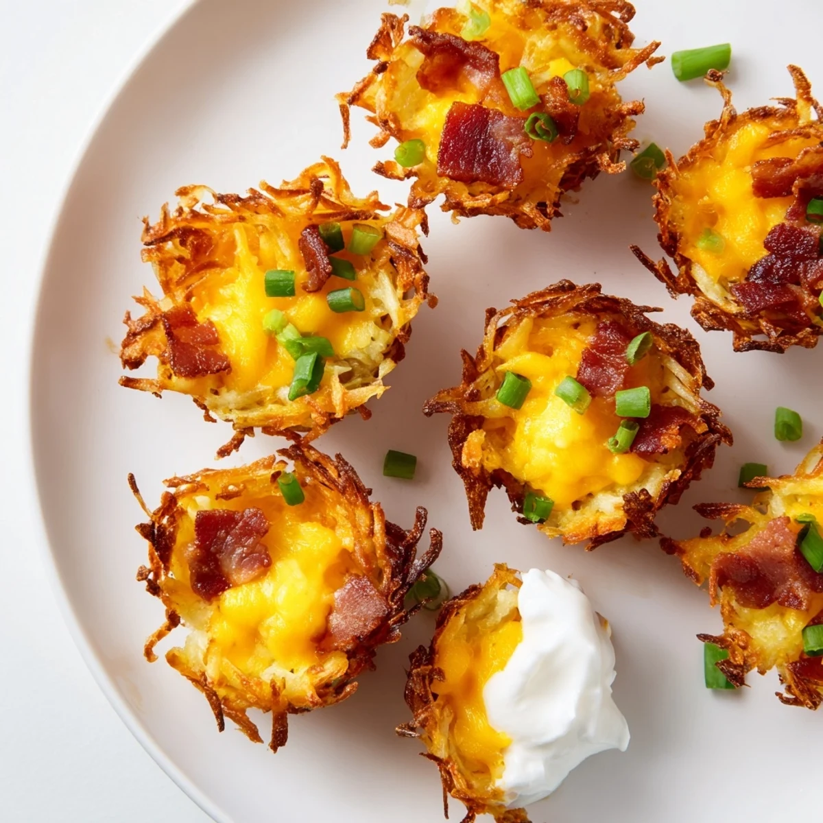 Cheesy loaded hashbrown bites topped with crumbled bacon and green onion garnish
