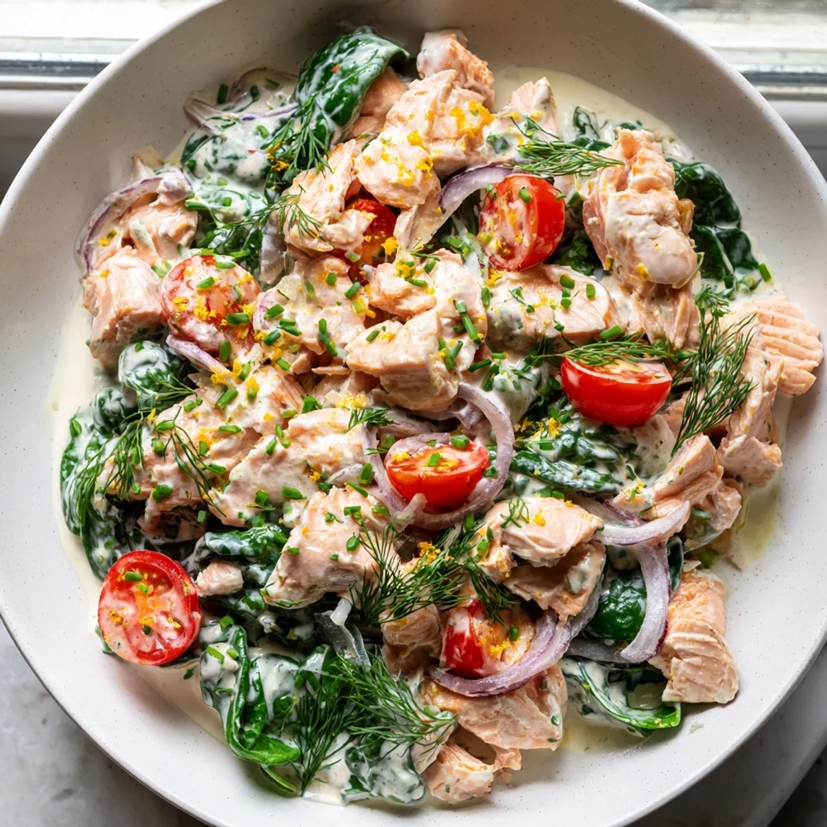 Creamy leftover salmon recipe in a golden skillet with wilted spinach and cherry tomatoes