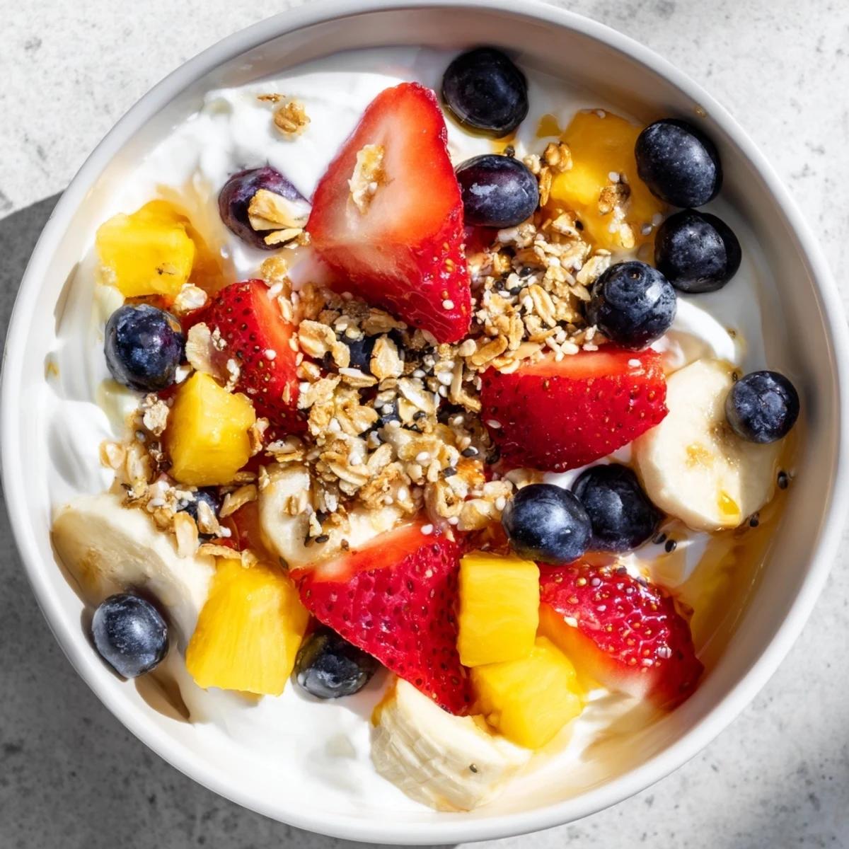 Thick Greek yogurt fruit bowl loaded with ripe mango, banana, and berries