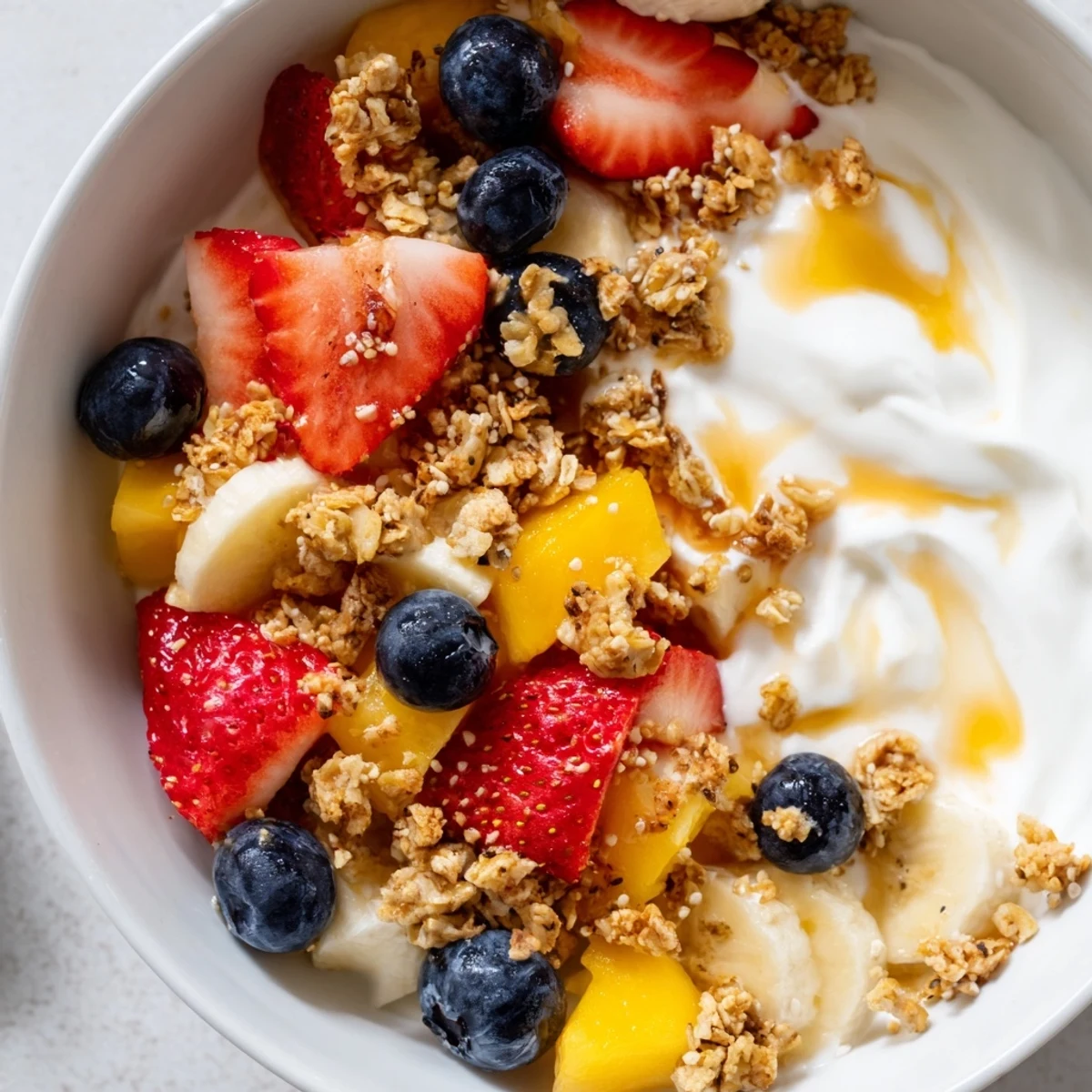 Vibrant yogurt fruit bowl drizzled with honey and sprinkled with chia seeds