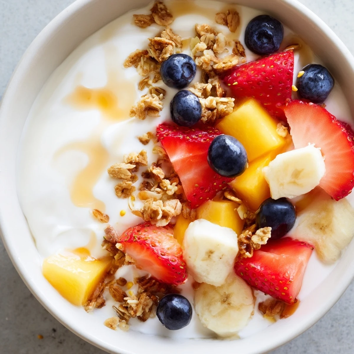Creamy yogurt fruit bowl topped with fresh strawberries, blueberries, and crunchy granola