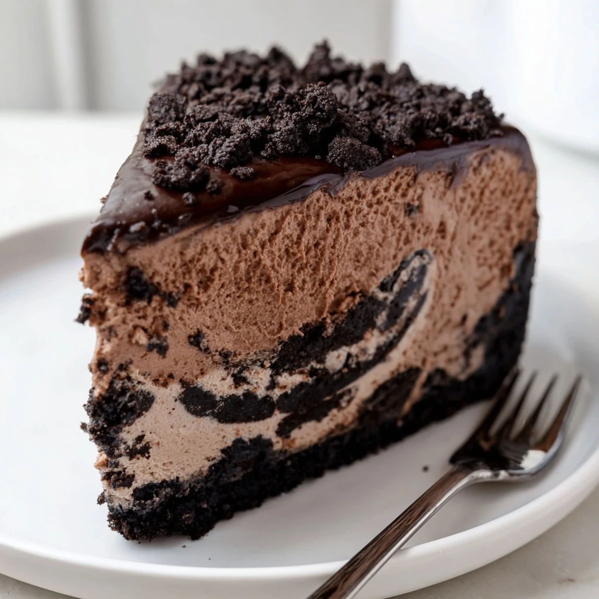 Creamy Oreo chocolate cheesecake sliced thick on a white dessert plate