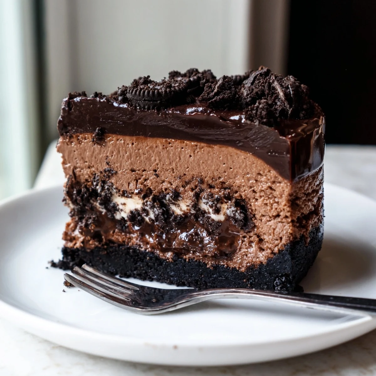 Dark chocolate ganache drips over a velvety Oreo chocolate cheesecake slice