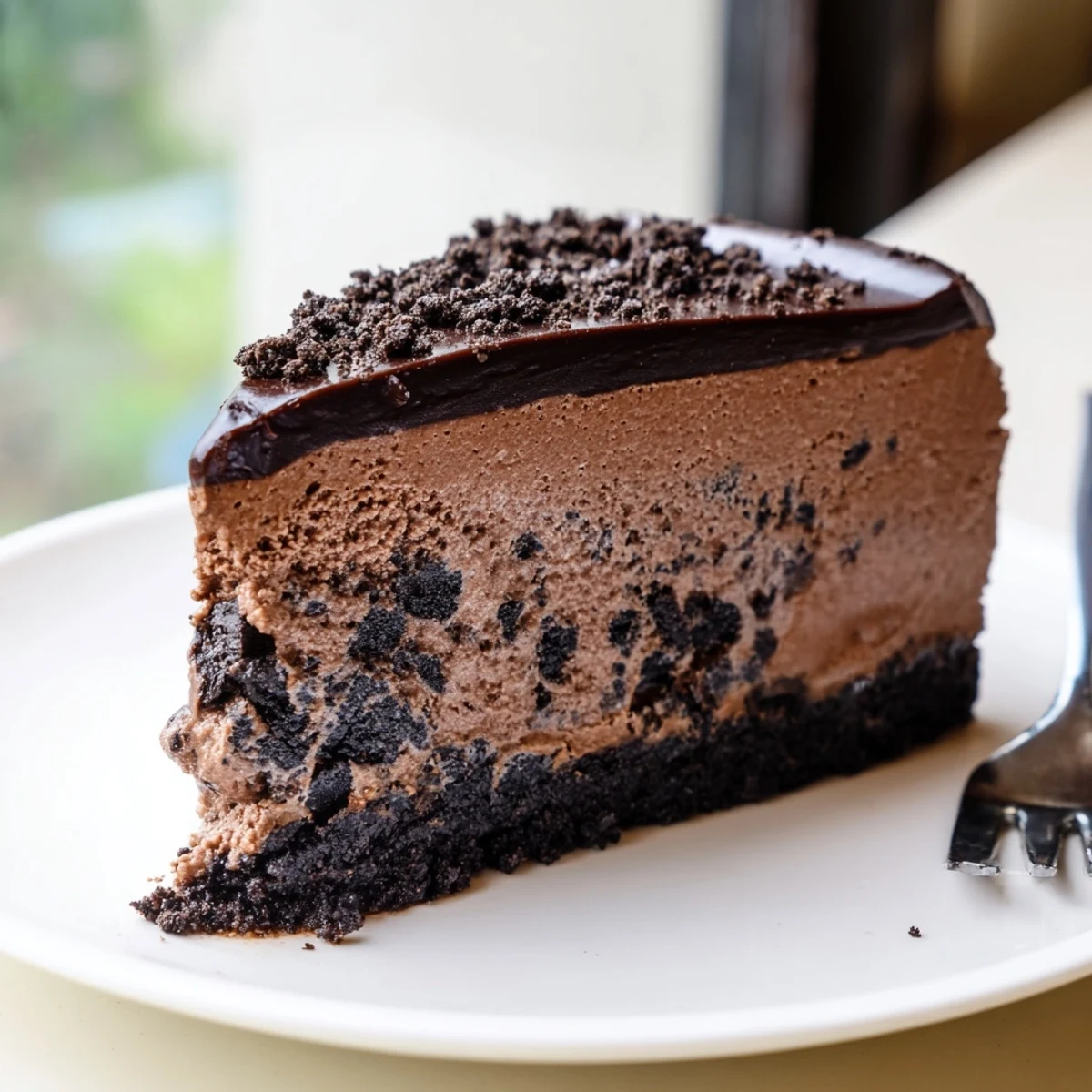 Rich Oreo chocolate cheesecake topped with crushed cookies and glossy ganache