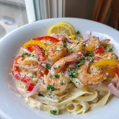 Red and yellow bell peppers and pink shrimp mix in this savory Creamy Cajun Shrimp Pasta with Bell Peppers.