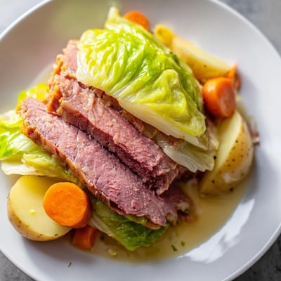 Tender corned beef, soft potatoes, and cabbage are layered in a serving dish, garnished with fresh parsley for a hearty meal.
