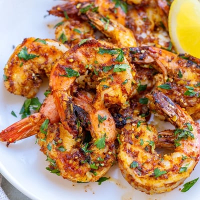 A close-up of Cajun Spiced Grilled Shrimp on a platter, showcasing bold red spices and smoky grill marks.