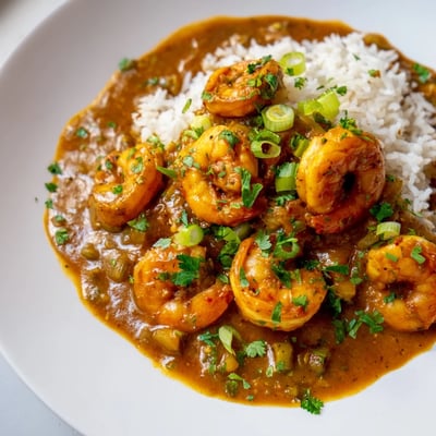 A spoonful of Mardi Gras Shrimp Étouffée over white rice, with sliced green onions and lemon wedges nearby.