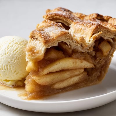 Warm apple pie slice topped with melting vanilla ice cream nearby