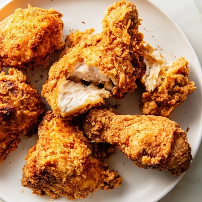 Juicy fried chicken with a shatteringly crisp coating served alongside creamy mashed potatoes
