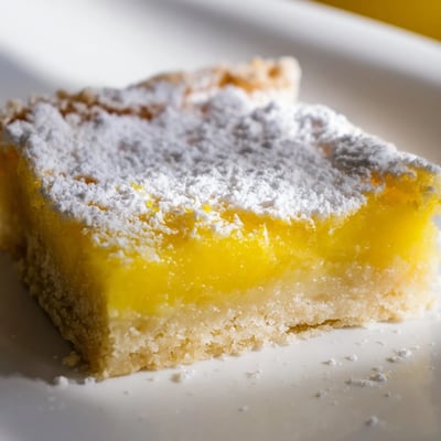 Tangy lemon bar squares with buttery shortbread crust cut on a cutting board
