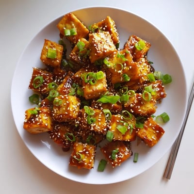 Bowl of crunchy Asian-inspired honey garlic tofu served over steamed rice with green onion garnish